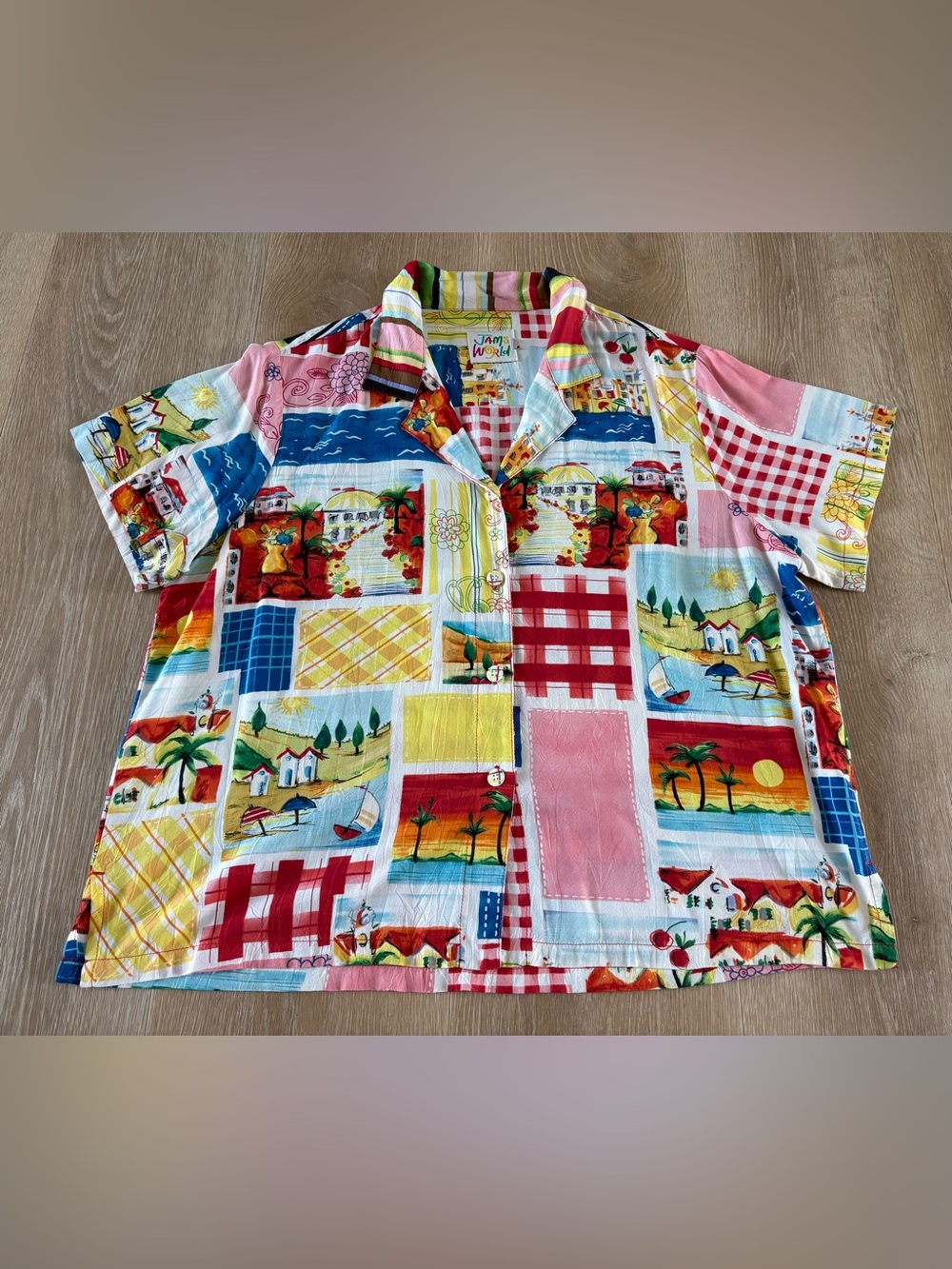 JAMS WORLD XLARGE CAMP SHIRT / SHORT SLEEVE BUTTON DOWN VTG BEACH SCENE PRE-OWN